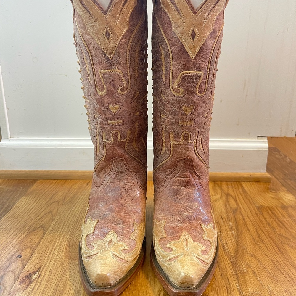Corral Cowboy Boots Womens 5 Snip Toe Western Leather Embroidered Brown - Picture 5 of 13